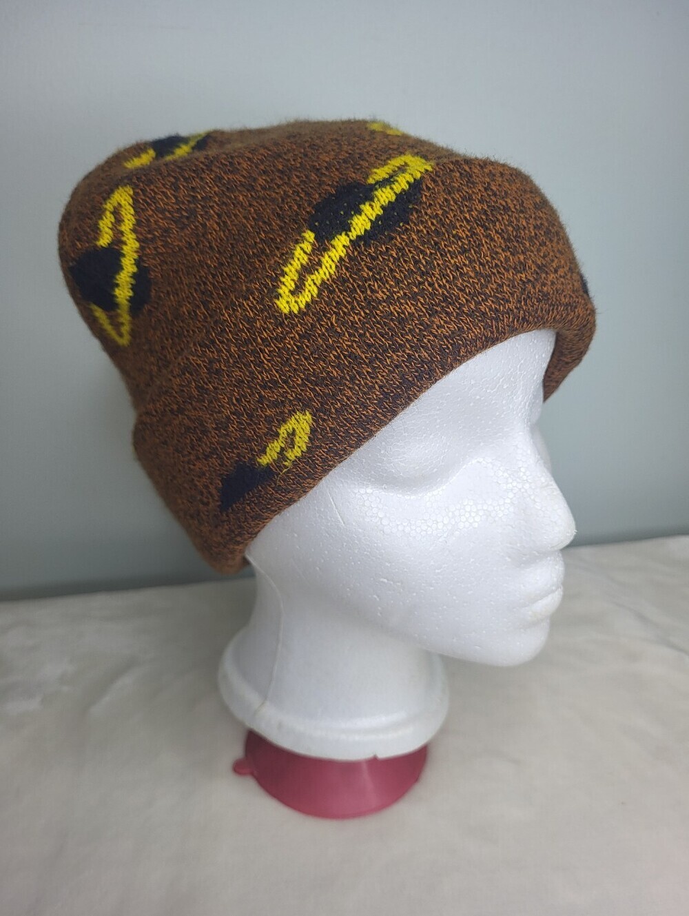 Urban Outfitters Icon Intarsia Beanie. Brown, Yellow & Black.
